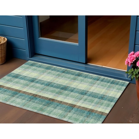 Homeroots 3' X 5' Sage Mint Green And Teal Blue Plaid Washable Indoor Outdoor Area Rug 614005