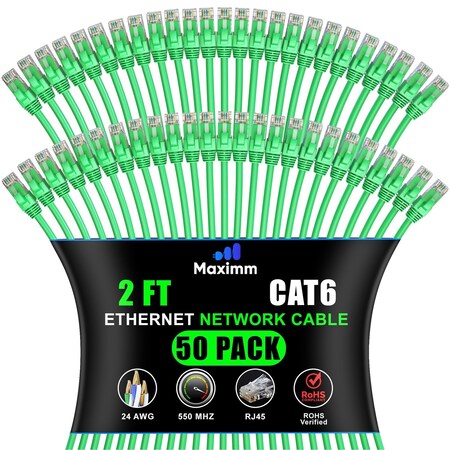 Maximm Cat6 Ethernet Cable 2ft 10Gbps 550MHz UTP, 50PK, Green, 50PK CAT6CCA-2GN-50PK