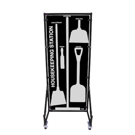 5S Supplies Housekeeping Shadow Board Broom Station V5, Black / Gray Shadows, Kit + Stand HSB-V5-BLACK/GRAY-KIT-STAND