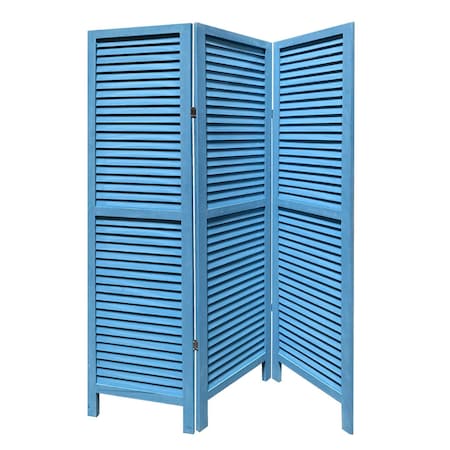 Homeroots 67" Blue Wood Folding Three Panel Screen Room Divider 274704