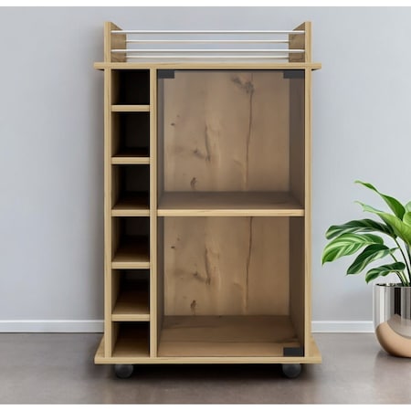 Homeroots Oak Rolling Bar Cart With Wine Storage 535102