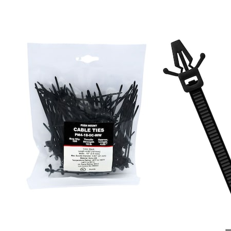 Cable Ties Unlimited Push Mount Cable Tie, Wings, 4 in L, 18 lb Strength, 1 in Max Bundle Dia, Nylon, UV-Res, Blk, 100PK PM4-18-0C-WW