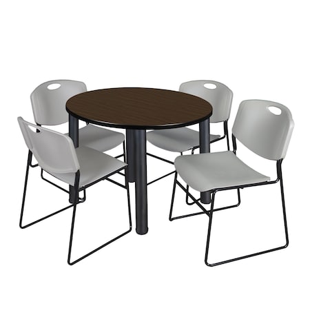 Regency Round Kee Breakroom Table W/ 4 Zeng Stack Chairs, 36 in W, 36 in L, Neo Walnut TB36RNDNWBPBK44GY