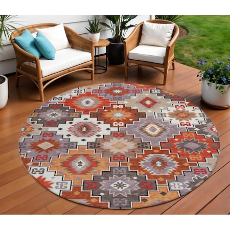Homeroots 8' Rust Lavender And Ivory Round Southwestern Washable Indoor Outdoor Area Rug 632277
