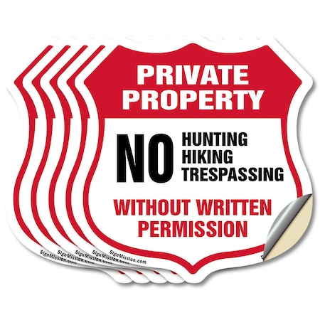 Signmission Private Property Shield Sign No Hunting, 6 inch X 6 inch, Vinyl Decal, 5PK SHI-D-5PACK-6-445
