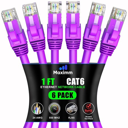Maximm Cat6 Ethernet Cable 1ft 10Gbps 550MHz UTP, 6PK, Purple, 6PK CAT6CCA-1PU-6PK