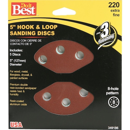 Do It Best 5'' 220-Grit 8-Hole Pattern Vented Sanding Disc with Hook & Loop Backing, 5PK 349186GA