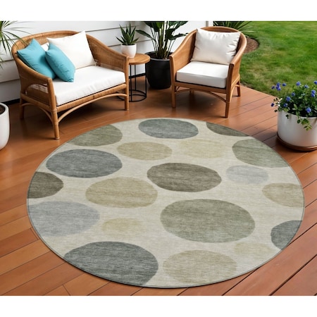 Homeroots 8' Taupe Beige And Ivory Round Geometric Washable Indoor Outdoor Area Rug 630599