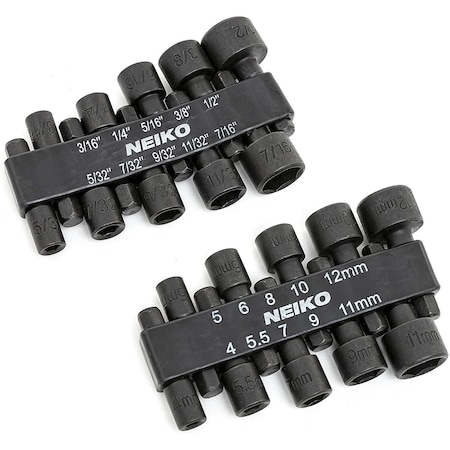Neiko 1/4'' Hex Nut Driver Set For Impact Drill and Driver, 20 Piece, 4-12 mm & 5/32''-1/2'', CR-V Steel 10068A