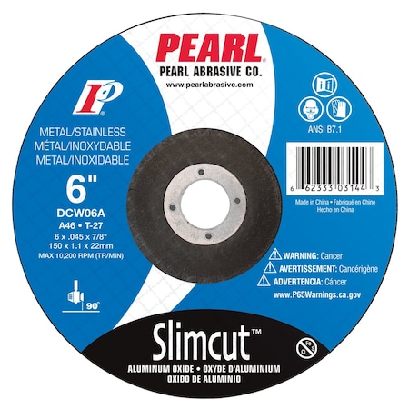 Pearl Abrasive Cut-Off Wheel, Dry, 6 in Dia, 0.045 in Thick, 7/8 in Arbor Hole Size, 46 Grit DCW06A