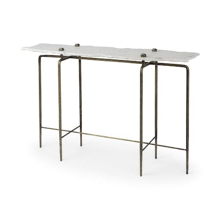 Homeroots 49" White and Brass Genuine Marble and Iron Distressed Six Leg Console Table 380223