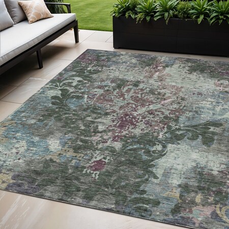 Homeroots 5' X 8' Fern Green And Purple Damask Washable Indoor Outdoor Area Rug 596382