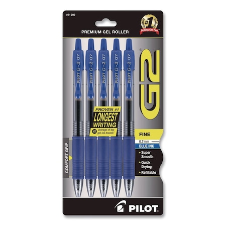 Pilot G2 Premium Gel Pen, Retractable, Fine 0.7 mm, Blue Ink, Smoke/Blue Barrel, 5PK 31299