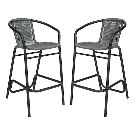 Flash Furniture Lila  Commercial Grade Indoor-Outdoor PE Rattan Restaurant Barstool with Black Aluminum Frame and Footrest in Gray, PK2 2-SDA-AD632032R-GY-GG