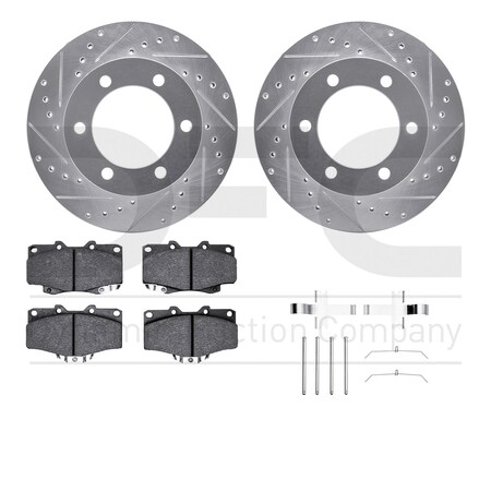 Dynamic Friction Co DFC Brake Rotor - Drilled & Slotted - Silver- Heavy Duty Brake Pad includes Hardware 7412-76011