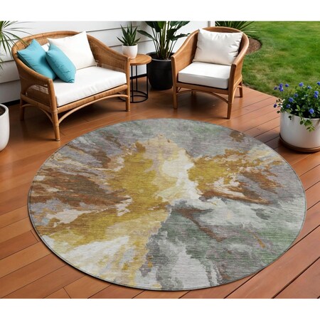 Homeroots 8' Gold And Gray Round Abstract Washable Indoor Outdoor Area Rug 615610