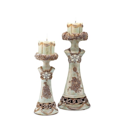 Homeroots Set of 2 Beige And Brown Vintage Pillar Tabletop Candle Holders, 2PK 468832