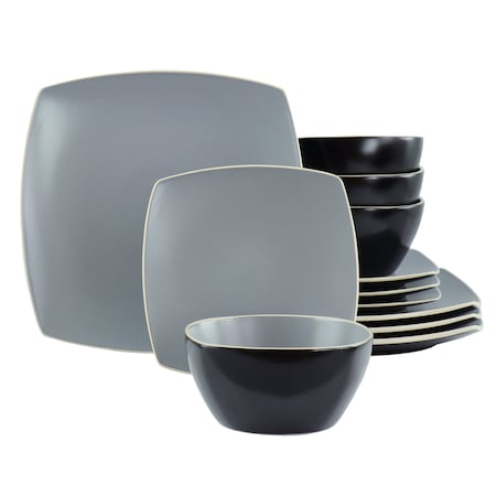Hometrends Soho Lounge 12 Piece Square Stoneware Dinnerware Set in Grey and Black 129485.12
