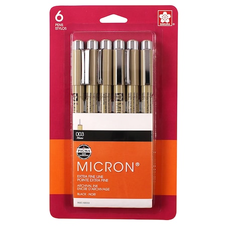 Sakura Pigma Micron Pens, Black, Size 003, Blister Card, 6PK 50033