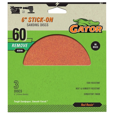 Gator Finishing Red Resin 6 in. Stick-On Sanding Discs, 60 Grit, Medium, 3PK 3012