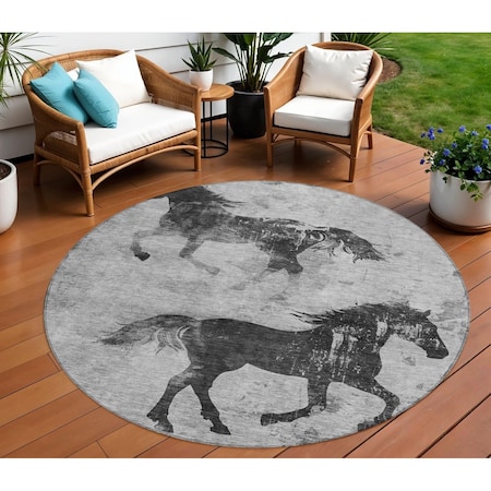 Homeroots 8' Gray And Charcoal Round Horse Washable Indoor Outdoor Area Rug 618657