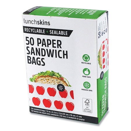 Lunchskins Peel and Seal Sandwich Bag with Closure Strip, 6.3in x 2in x 7.9in, Red Apples/White, 50PK 854735005911