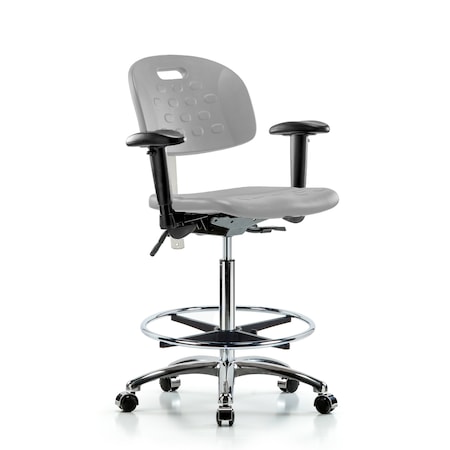 Blue Ridge Ergonomics CL100CleanRoom Chair-High Bench Ht with Seat Tilt, Adj Arms, Chrome Foot Ring, & Casters in Gray Poly CLR-HPHBCH-CR-T1-A1-CF-CC-GRY