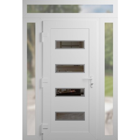 Vdomdoors Front Exterior Prehung Metal-Plastic Door, Manux 8113 White Silk, 2 Side and Top Sidelite Transom,  MANUX8113EXD-WS-W12+32+12xH80+14-RH