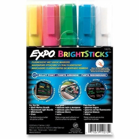 Expo Wet Erase Markers, Blue, Bright Green, Bright Pink, Bright Yellow, White, Chisel Tip, Capped, 5 PK 14075