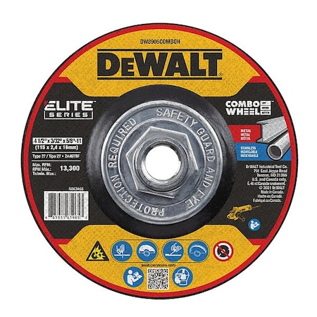 Dewalt Depressed Center Cut-Off Wheel, Type 27, 4 1/2 in Dia, 0.093 in Thick, 5/8"-11 Arbor Hole Size DW8905ComboH