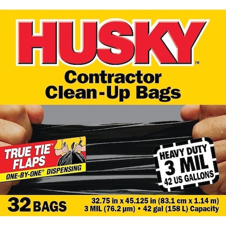 Husky Contractor Trash Bags, 42 gal, 32.75 in x 45.125 in, 3 mil, Heavy Duty, Black, 32 Pack HC42WC032B