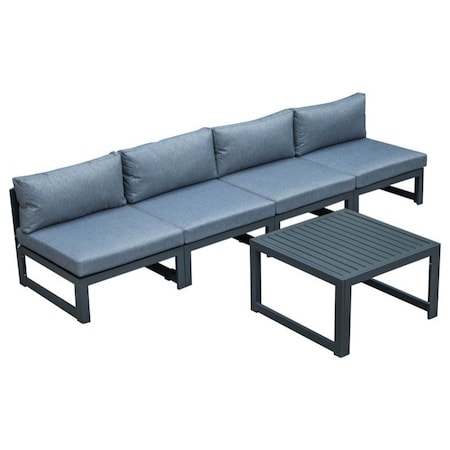 Leisuremod Chelsea 5-Piece Middle Patio Chairs and Coffee Table Set Black Aluminum With Blue Cushions CSTBL-4BU