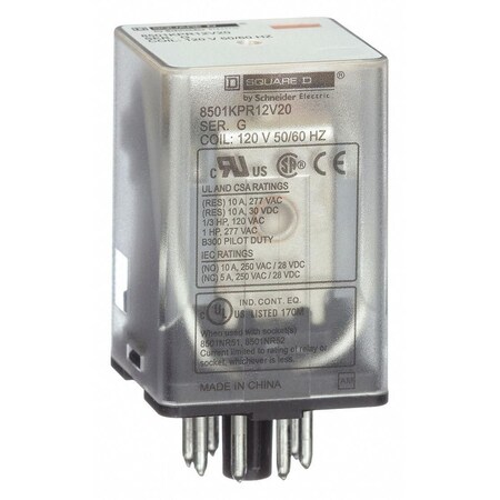 Square D Plug in relay, Type KP, tubular, 1 HP at 277 VAC, 10A resistive at 120 VAC, 8 pin, DPDT, 2 NO, 2 NC 8501KPR12V20