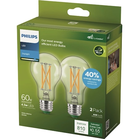 Signify Ultra Efficient 60W Equivalent Daylight A19 LED Light Bulb, 2PK 582601
