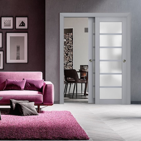 Sartodoors Sliding Closet Bypass Doors with Frosted Glass Grey 72x96 (2* 36x96) Solid Core Modern Interior VEREGIO7602DBD-GRE-7296