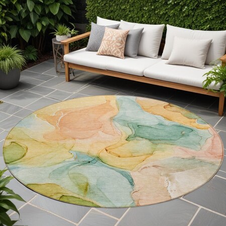 Homeroots 8' Round Blue Round Abstract Washable Non Skid Indoor Outdoor Area Rug 559483