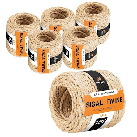 Xpose Safety Sisal Twine, 2-Ply 150 ft Natural Fiber Rope, Crafts, Cat Scratcher & Pole Wrap, 6PK 2PST-150-6-X-S