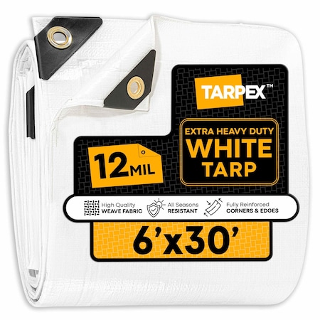 Tarpex Extra Heavy Duty Tarp, 6 ft x 30 ft, 12 Mil, White, Polyethylene WHD-TA-630