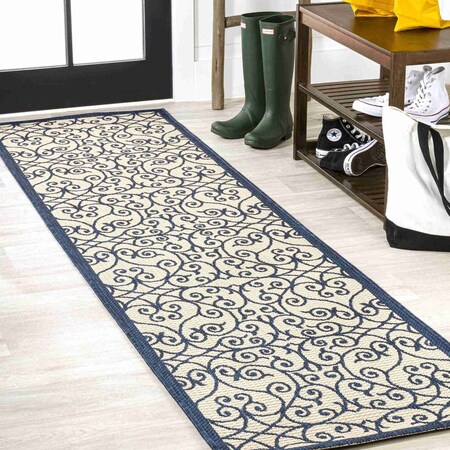 Jonathan Y Madrid Vintage Filigree Textured Weave Navy/Beige 2 ft. x 8 ft. Indoor/Outdoor Runner Rug SMB107G-28