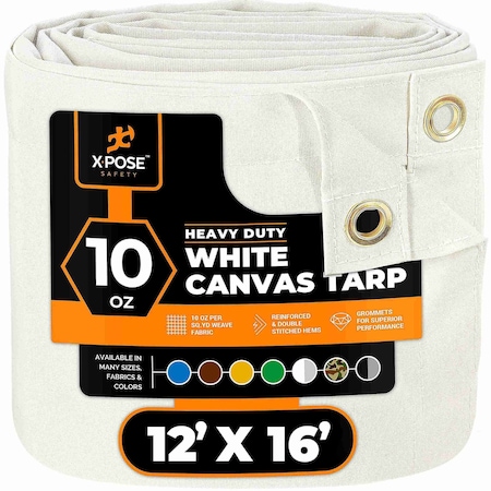 Xpose Safety Tarp, 12 ft X 16 ft, 10 oz, White, Canvas CTW10-1216-X