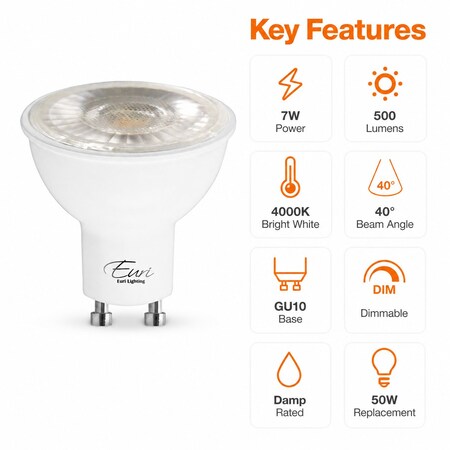 Euri Lighting PAR16 LED Bulbs, 7W, 500 lm, 50W Eq., 4000K, GU10, Dimmable, UL, 2PK EP16-7W5040eG-2