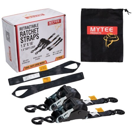 Mytee Products 1.5inx16ft Retractable Ratchet Straps w/S-Hook & Soft Loops for Trailer 5000 lb BS RS1516R-SHSL