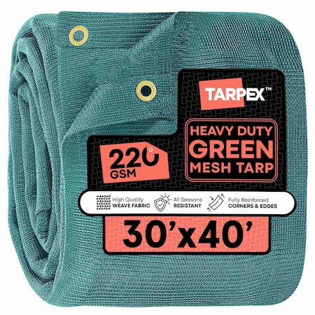Tarpex 30' x 40' Green Heavy-Duty Weather Resistant 6.5 oz. 70% Shade Polyethylene Mesh Truck Tarp GMT-TA-3040