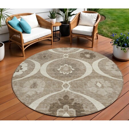 Homeroots 8' Taupe Brown And Ivory Round Medallion Washable Indoor Outdoor Area Rug 589652