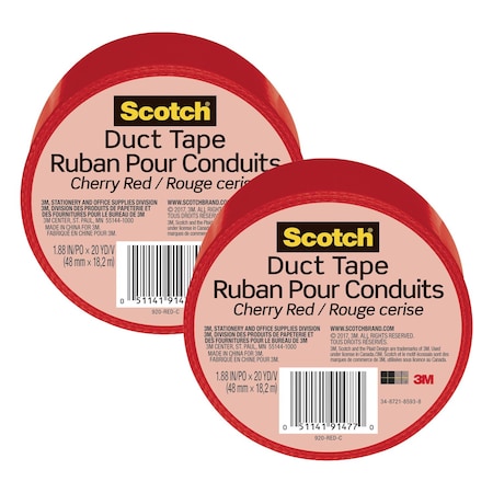 Scotch Duct Tape for Artists, 1.88 in x 20 yd (48 mm x 18.2 m), Cherry Red, 2PK 920-RED-C