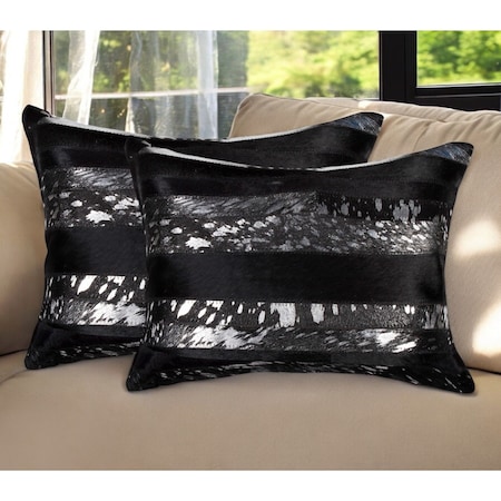 Homeroots Set of Two 12" X 20" Black and Silver Striped Cowhide Lumbar Throw Pillows with Glitter, 2PK 544629
