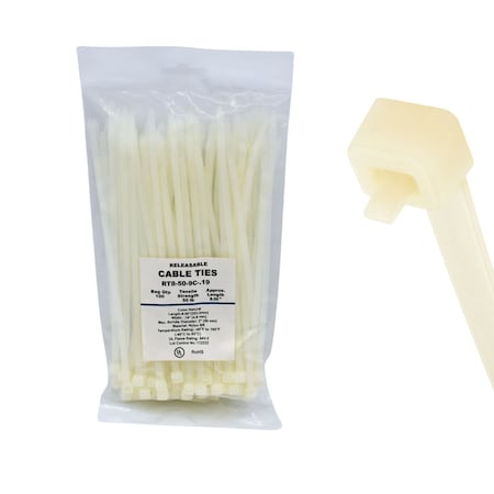 Cable Ties Unlimited Pawl Releasable Cable Tie, 8 in L, 50 lb Strength, 2.2 in Max Bundle Dia, Nylon 6/6, Natural, 100PK RT8-50-9C-.19