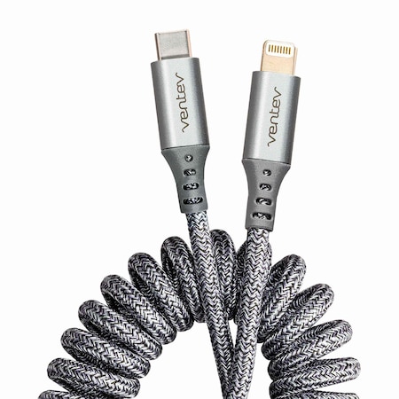 Ventev Chargesync Helix Coiled USB C to Apple Lightning Cable 3ft, Gray HC3-GRY252382