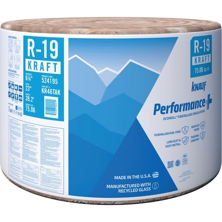 Knauf R-19 Kraft Faced Fiberglass Roll Insulation, bundle of 6 bags, covers 450SF, 6PK 524195