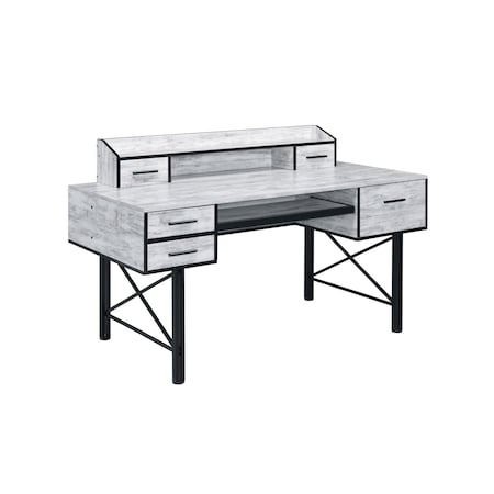 Homeroots 59" Antiqued White and Black Computer Desk With Five Drawers 491441
